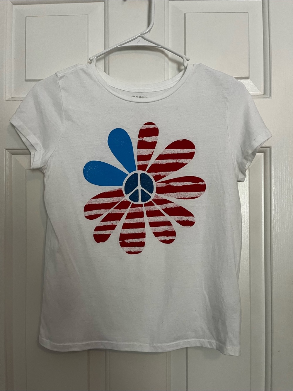 Old Navy White Tee with Red Striped & Blue Flower Peace Graphic